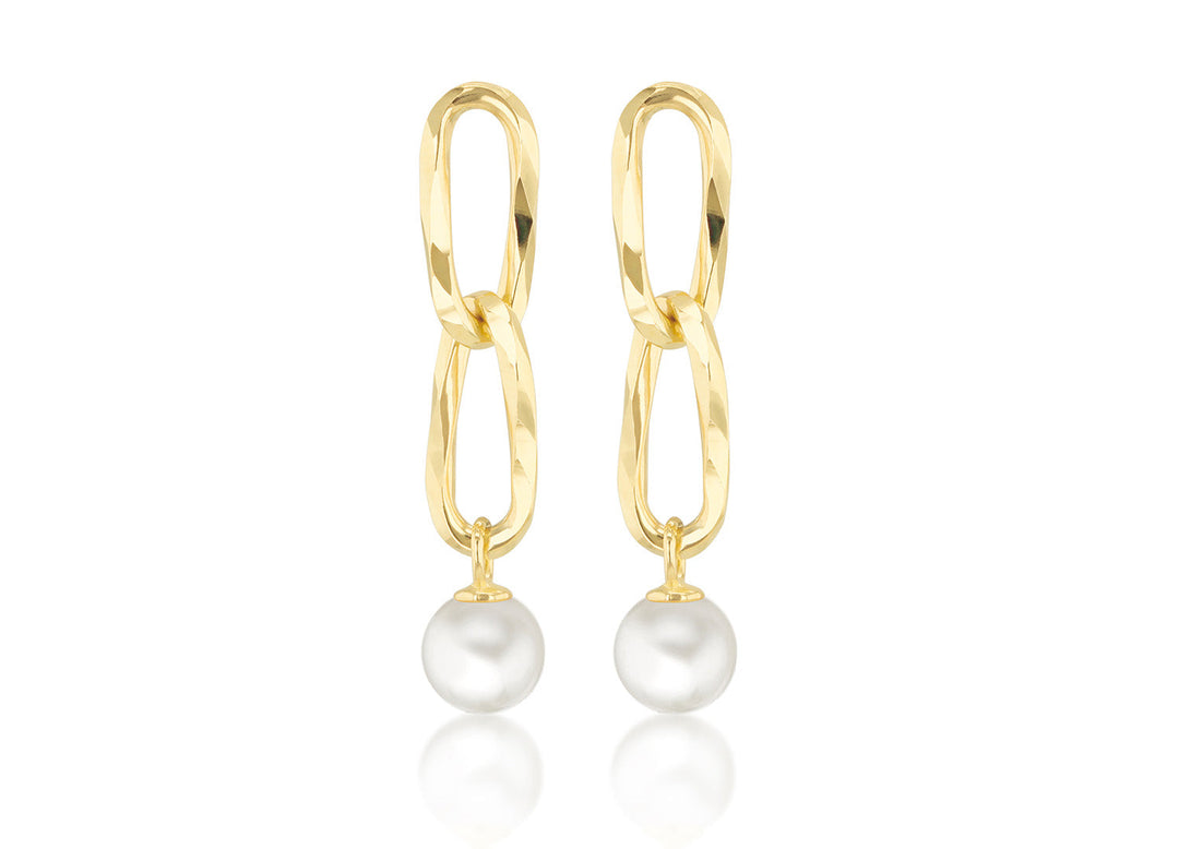 9K Yellow Gold Double Link Freshwater Pearl Drop Earrings