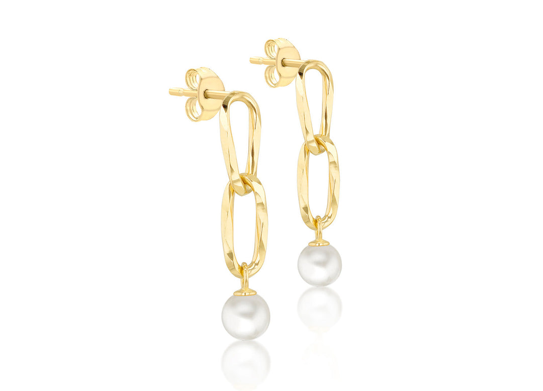 9K Yellow Gold Double Link Freshwater Pearl Drop Earrings