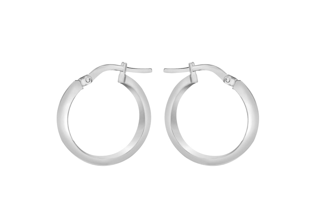 9K White Gold 3mm Rectangular-Tube 15mm Hoop Creole Earrings