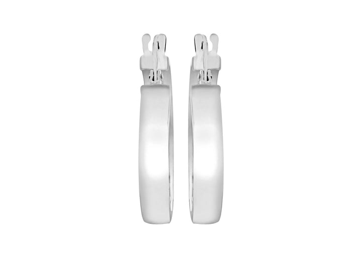 9K White Gold 3mm Rectangular-Tube 15mm Hoop Creole Earrings