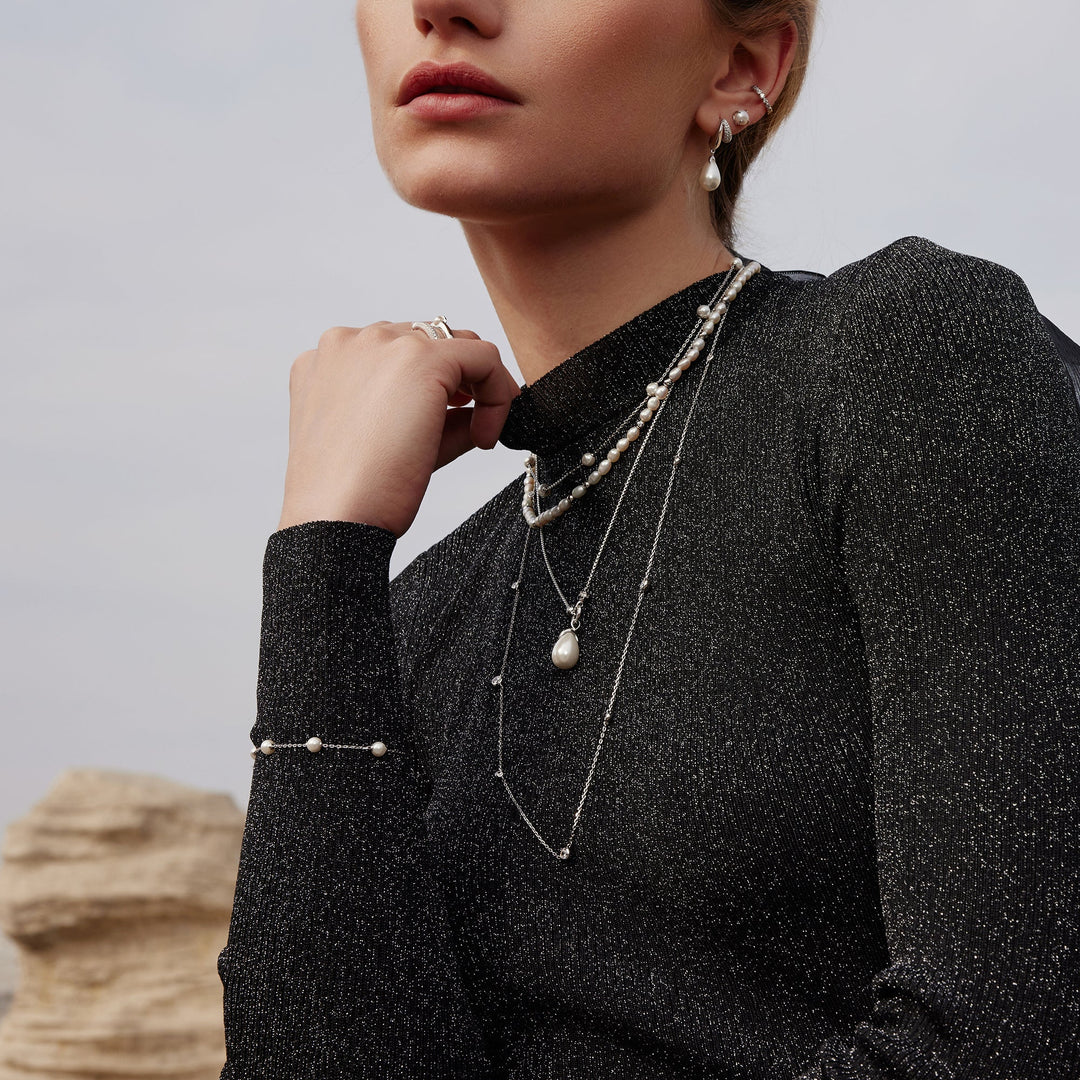 Silver Sparkling Duet Mixed Shell Pearl Drop Huggie Hoop Earrings