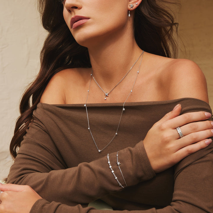 Silver Sparkling Star Drop Stud Earrings