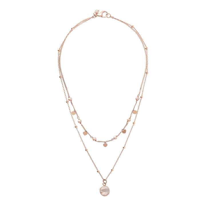 Bronzallure Two Strands Necklace with Natural Stone and Golden Rose Hearts